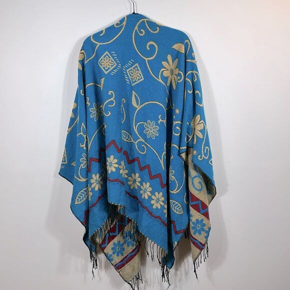 Poncho Shawl Wrap with Fringe Blue Brown Red Autumn Fall Winter Southwestern - Picture 2 of 5
